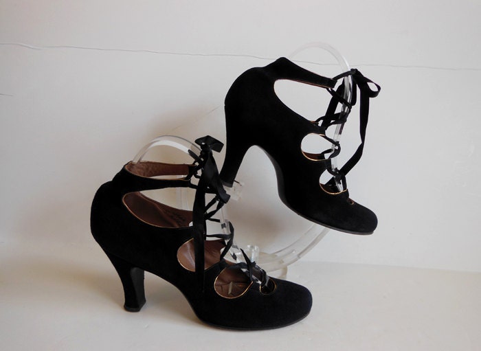 30s 40s shoes / Rare Vintage 1930's 40's Black Strappy Lace Up Shoes