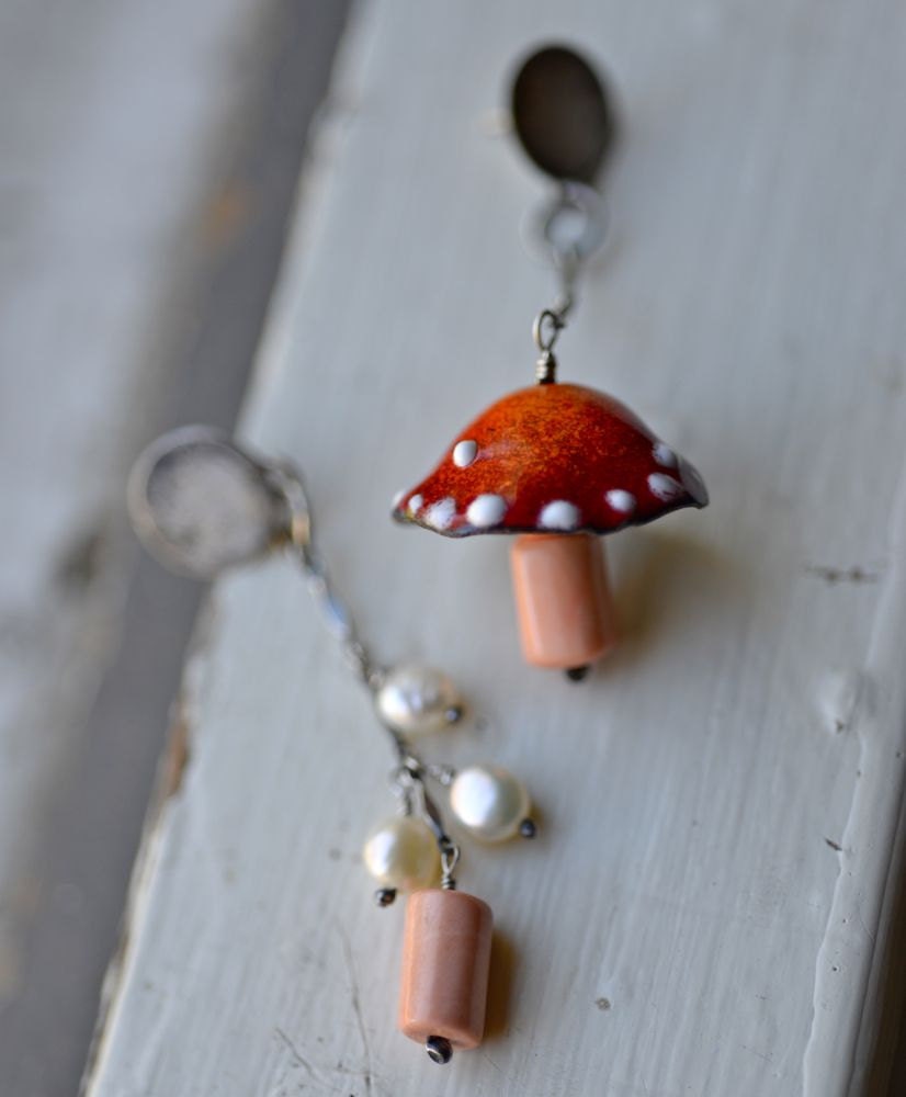 SALE Magic Mushroom Cap Earrings. Enameled copper. Sterling and Fine Silver. Conch shell and pearl beads.