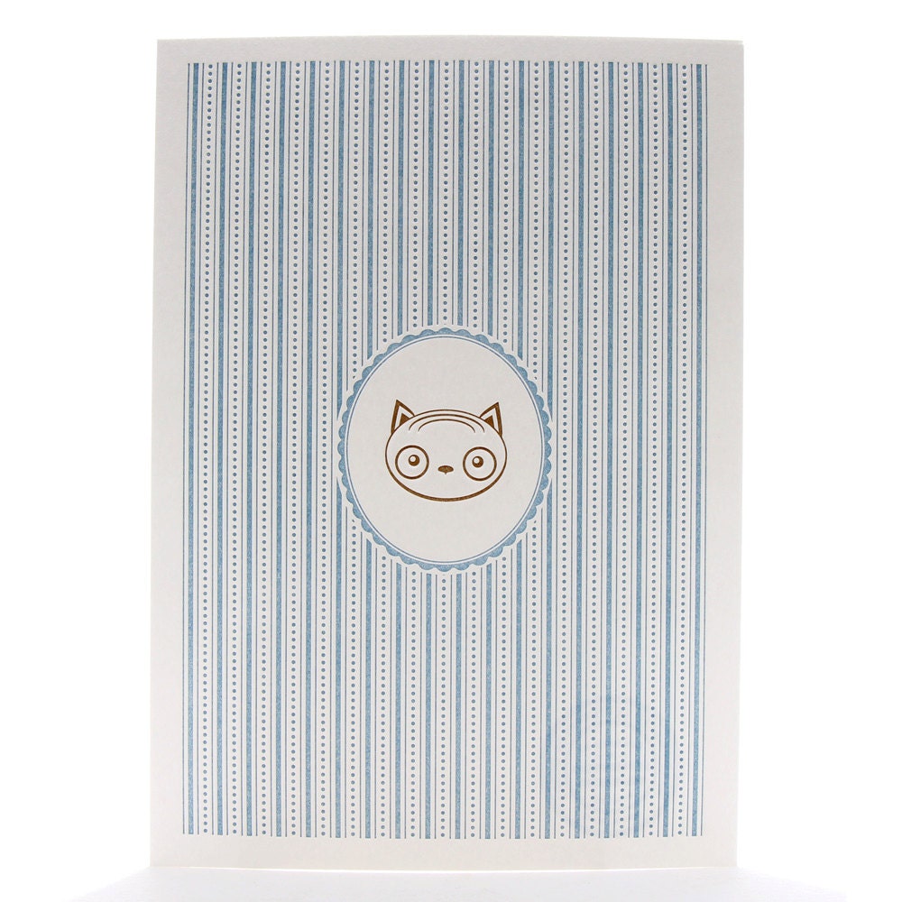 Letterpress Print Cat 5 by 7 Inch Brown & Blue