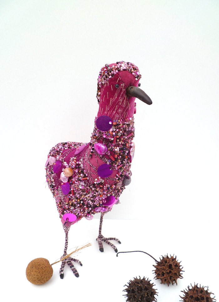 Purple bird I, fiber art soft sculpture