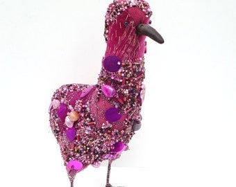Purple bird I, fiber art soft sculpture