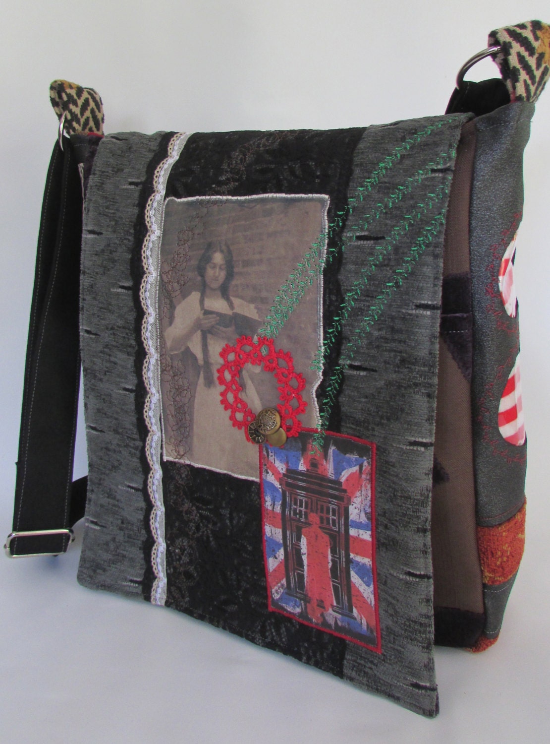Messenger Bag eclectic Dr. Who Sherlock Reading themed Lace vintage accessories ready to ship