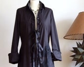 Black jacket shirt with long sleeves, lace and crystals embelishment, ruffle in front and at cuffs, black spring summer jacket tunic,
