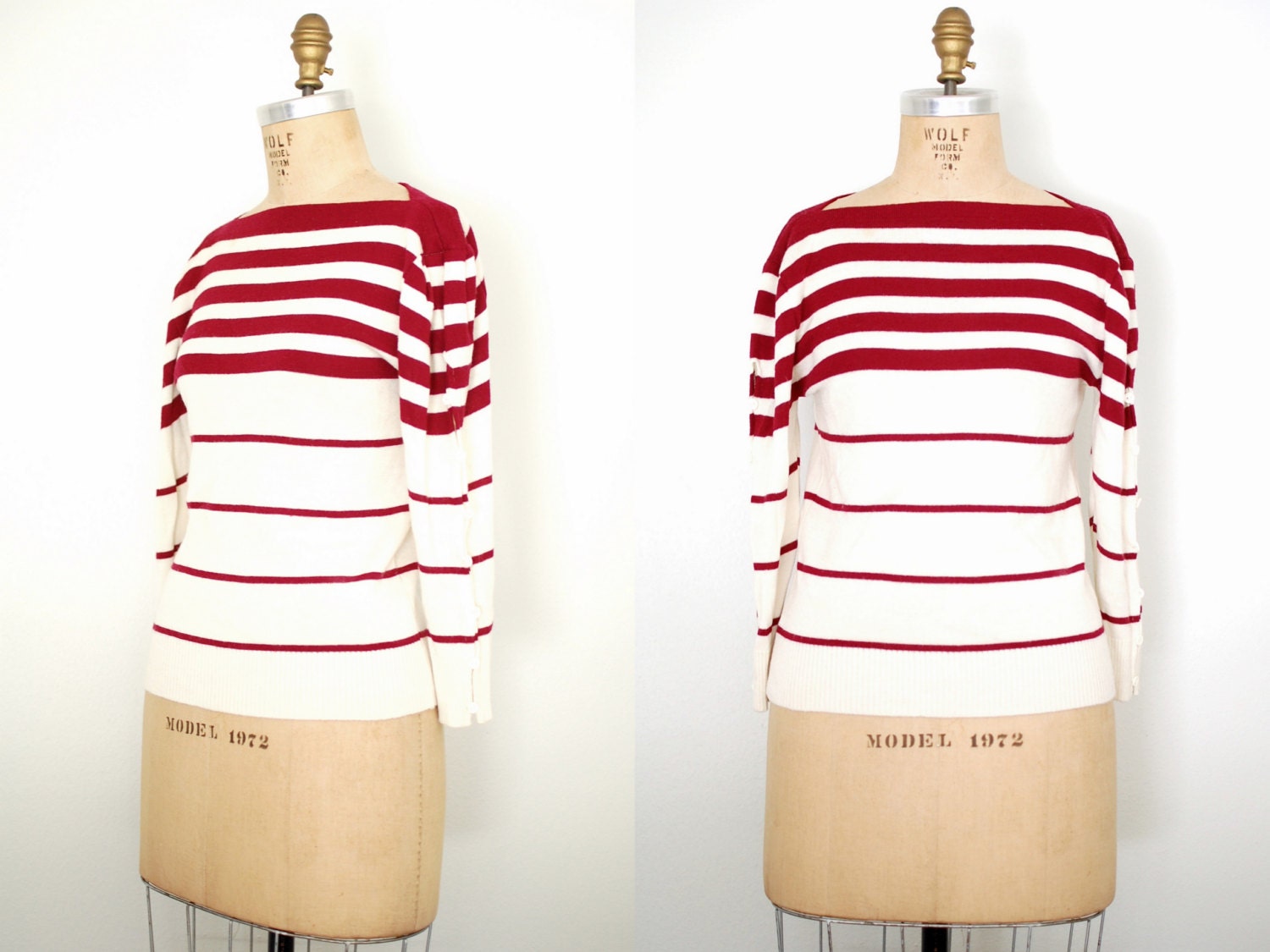 70s sweater / 70s wool sweater / puff sleeve sweater / red and cream stripe / 1970s boatneck sweater /