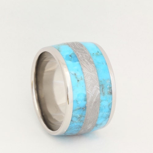 Wide Turquoise and Meteorite Ring with Titanium Band