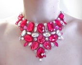 Pink  Rhinestone Statement Necklace, Bib Necklace, Sparkly, Jeweled, Elegant