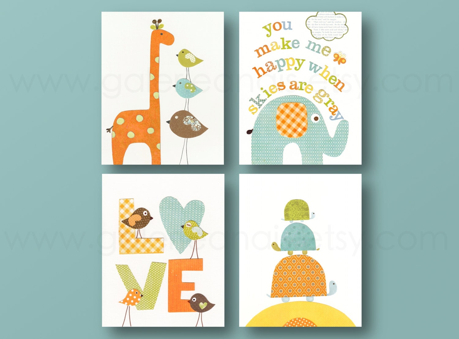Nursery wall art, kids room decor, baby nursery, love, turtle, giraffe, birds, elephant, You make me Happy, set of four 8x10 in. prints