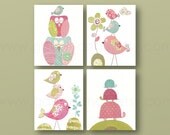 Girl Nursery Art Print, nursery art, baby nursery, kids art, nursery print, pink blue green, turtle , Birds, owl, Set of 4, 8x10 prints