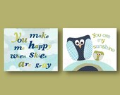 Nursery wall art, baby nursery art, kids art, kids room decor, bird, owl, you make happy, you are my sunshine Set of 2, 8x10 prints