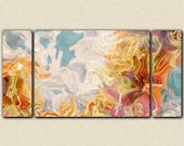Large contemporary abstract, 30x60 triptych giclee stretched canvas print in rust, orange and blue, from abstract painting "Ridge"