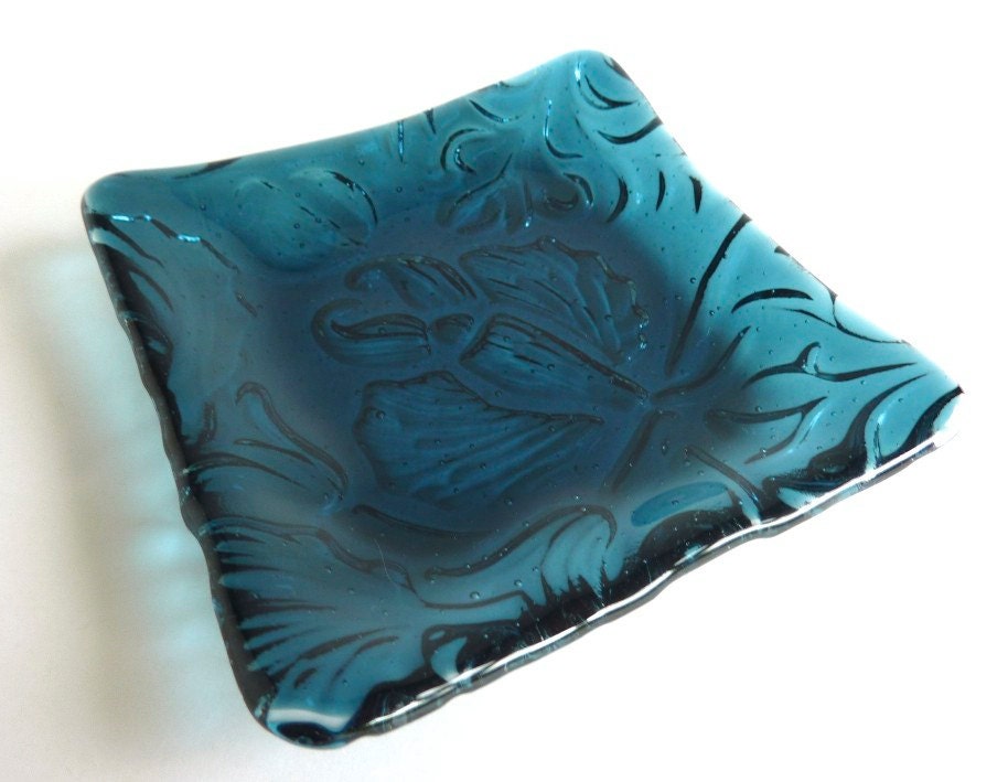 Sea Blue Fused Glass Art Nouveau Imprinted Plate