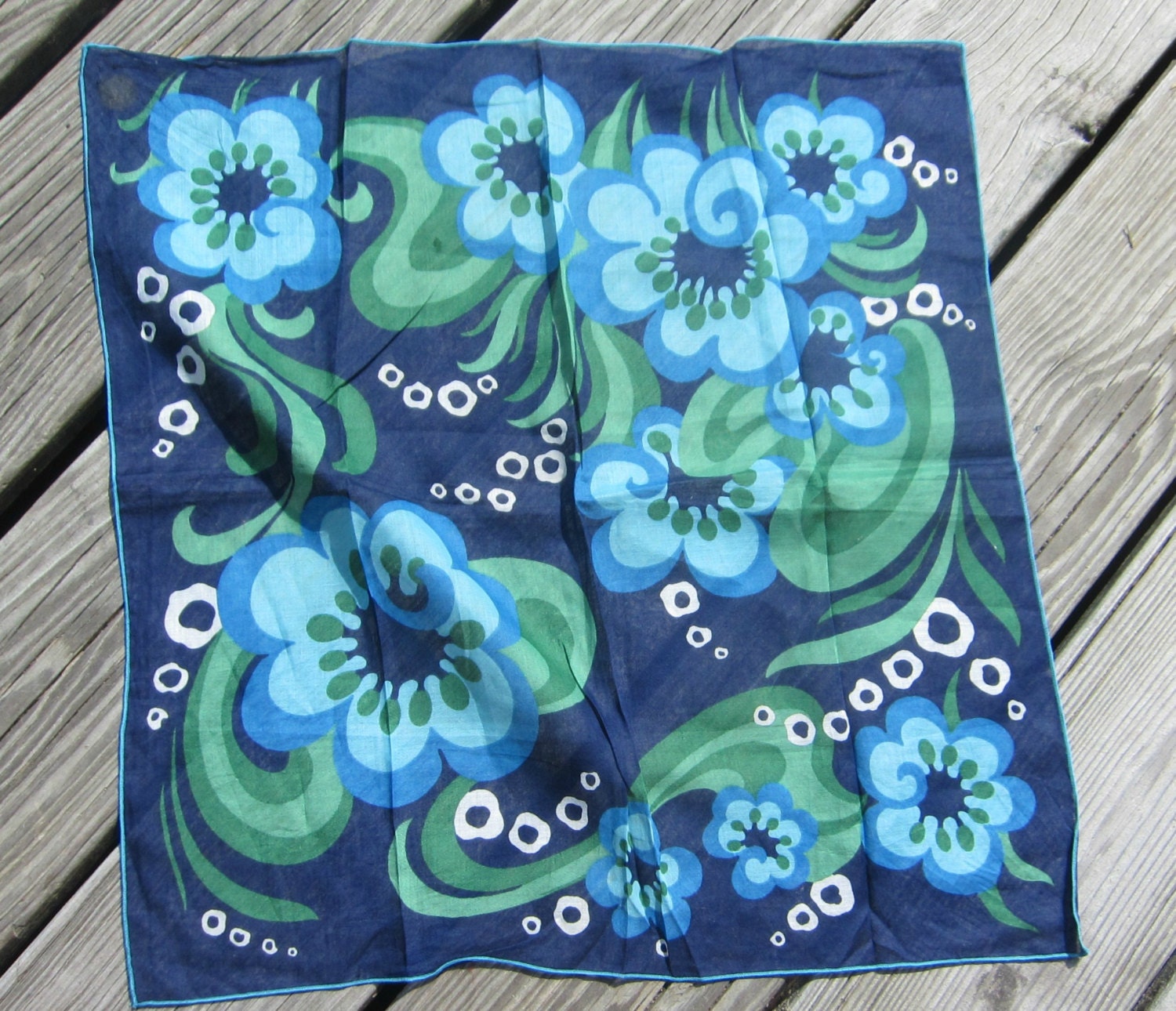 Vintage Scarf - Blue, Turquoise & Green Floral Print