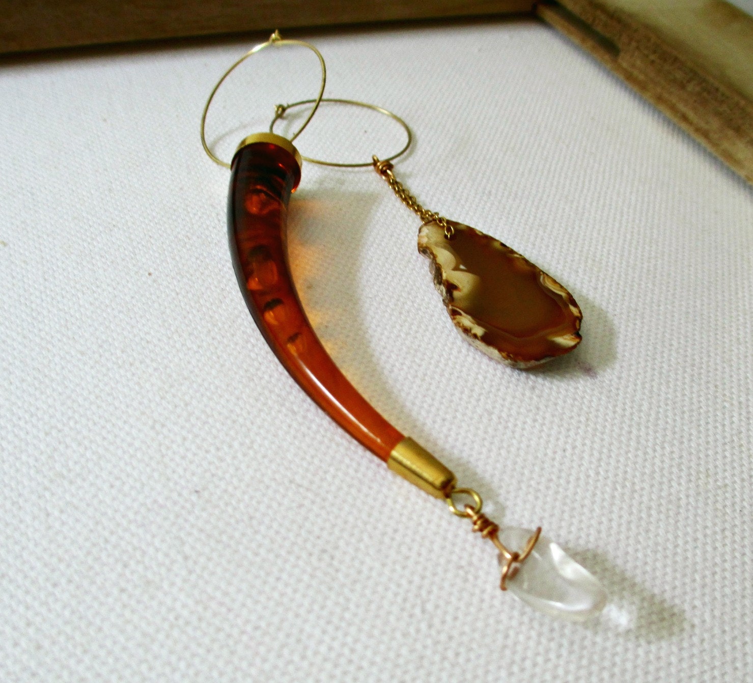 Asymmetrical Boho Hoop Statement Earrings. Agate Slice, Quartz Point And Vintage Amber Horn