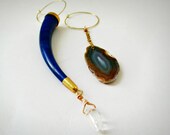 Asymmetrical Boho Hoop Statement Earrings. Agate Slice, Quartz Point And Vintage Cobalt Blue Horn
