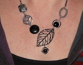 Black Necklace, Asymmetrical silver and onyx black leaf necklace, gypsy jewelry
