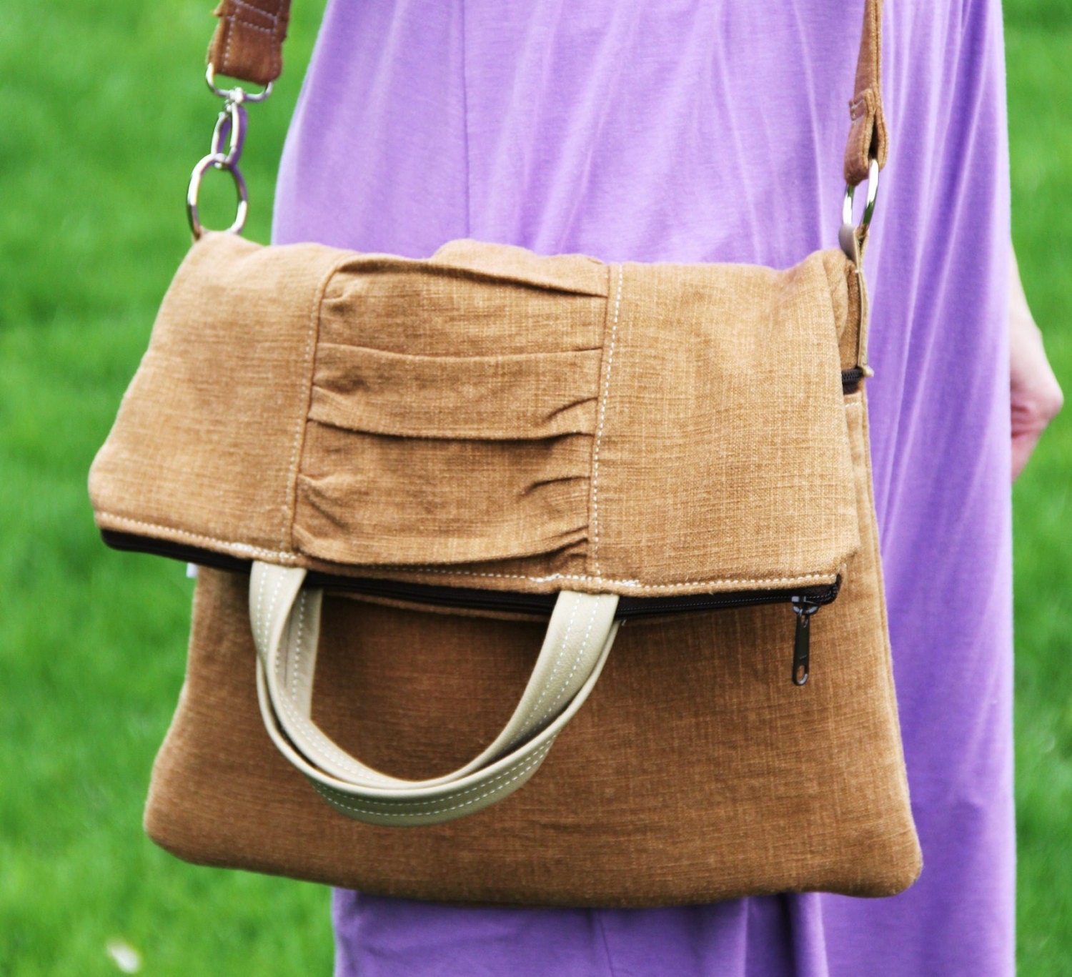 Fold Over Purse - Tote - Linen Purse - Cross Body Bag -Cafe au Lait