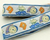 Vintage French Woven Jacquard Ribbon, Pirate Flag, Ship, Compass, Sailer, Nautical, 5 yards, 1-3/16 Inch Wide