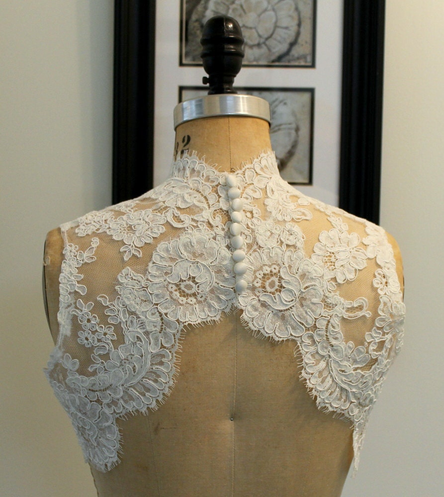 Reserved for Jenny - Cap Sleeve Keyhole Back Alencon Lace Bridal Bolero