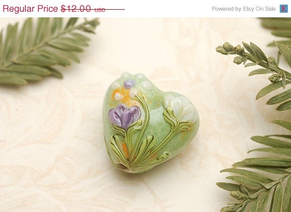 ON SALE 30% OFF Green w/White & Purple Flora Heart Focal Bead - Handmade Glass Lampwork Bead -11819105