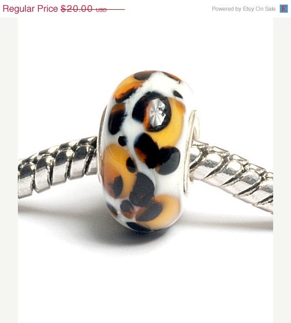 ON SALE 50% OFF Glass Lampwork Beads  - Large Hole Ivory w/Amber & Black Dots Rondelle Bead  -SC10055