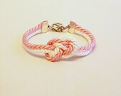 Strawberry pink and white infinity knot nautical rope bracelet with silver or gold anchor charm