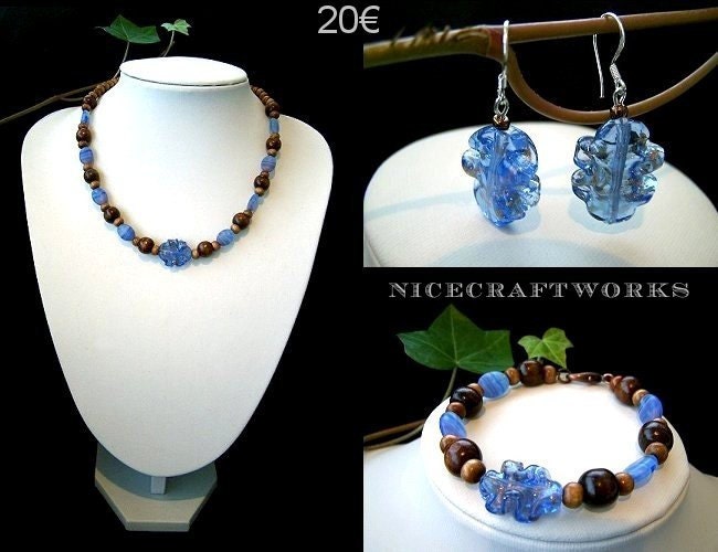 SALE - Blue Brown Glass Leaf Jewelry Set