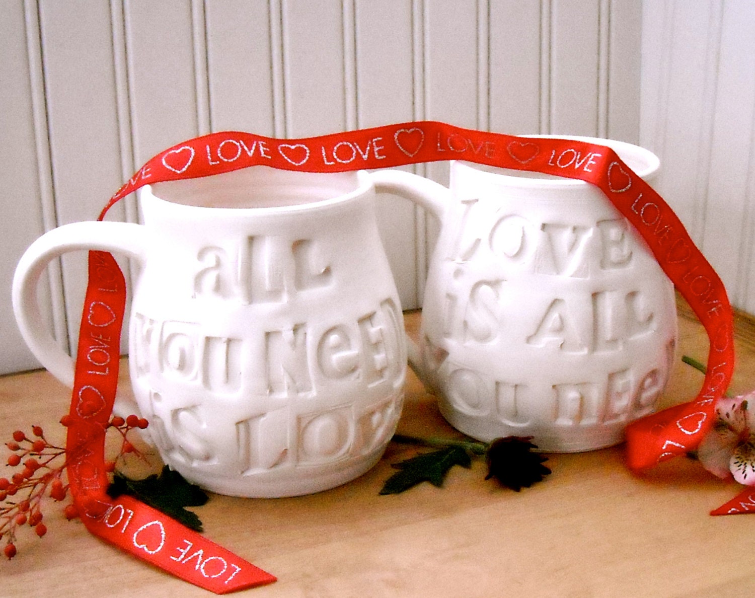 Personalized ALL You Need Is LOVE Mugs - Custom Order 2 Cup Set - Wheel Thrown Rustic Wedding, Anniversary Gift - 2 WEEK Turnaround Time