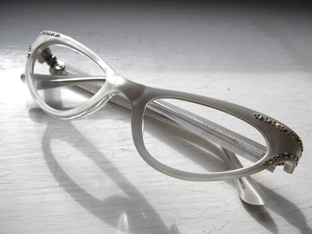 1950's  French Rhinestone Pearly White Cat Eye Eyeglasses Eye Glass Frames France