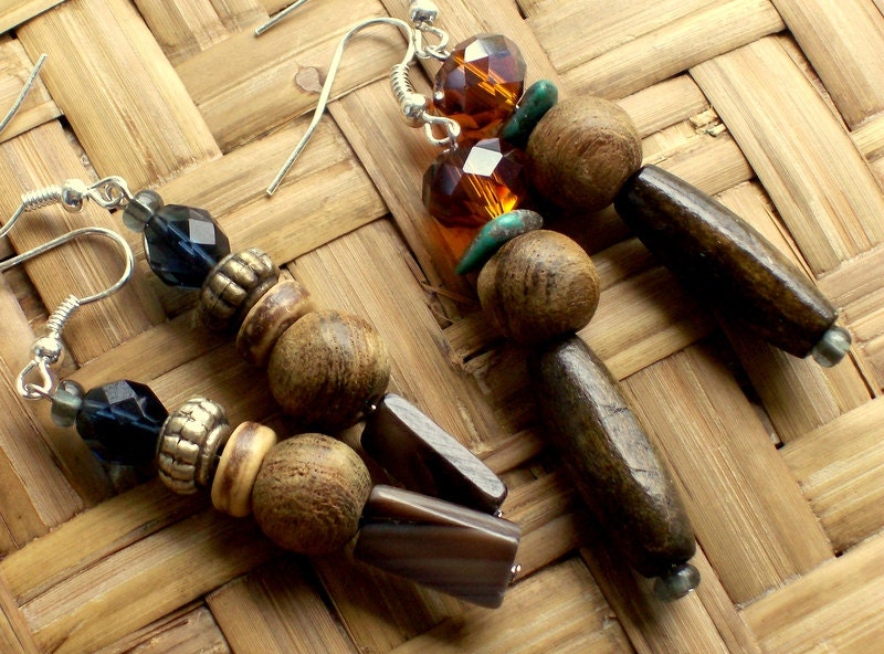 Sacred Wood Mala Prayer Beads & Turquoise Earrings - Wood Jewelry - Bohemian Earrings - stoneandbone