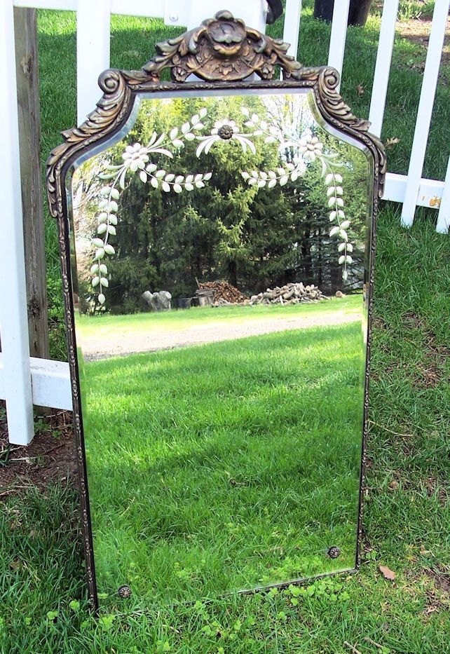 Antique Etched Mirror Wood and Gesso Frame