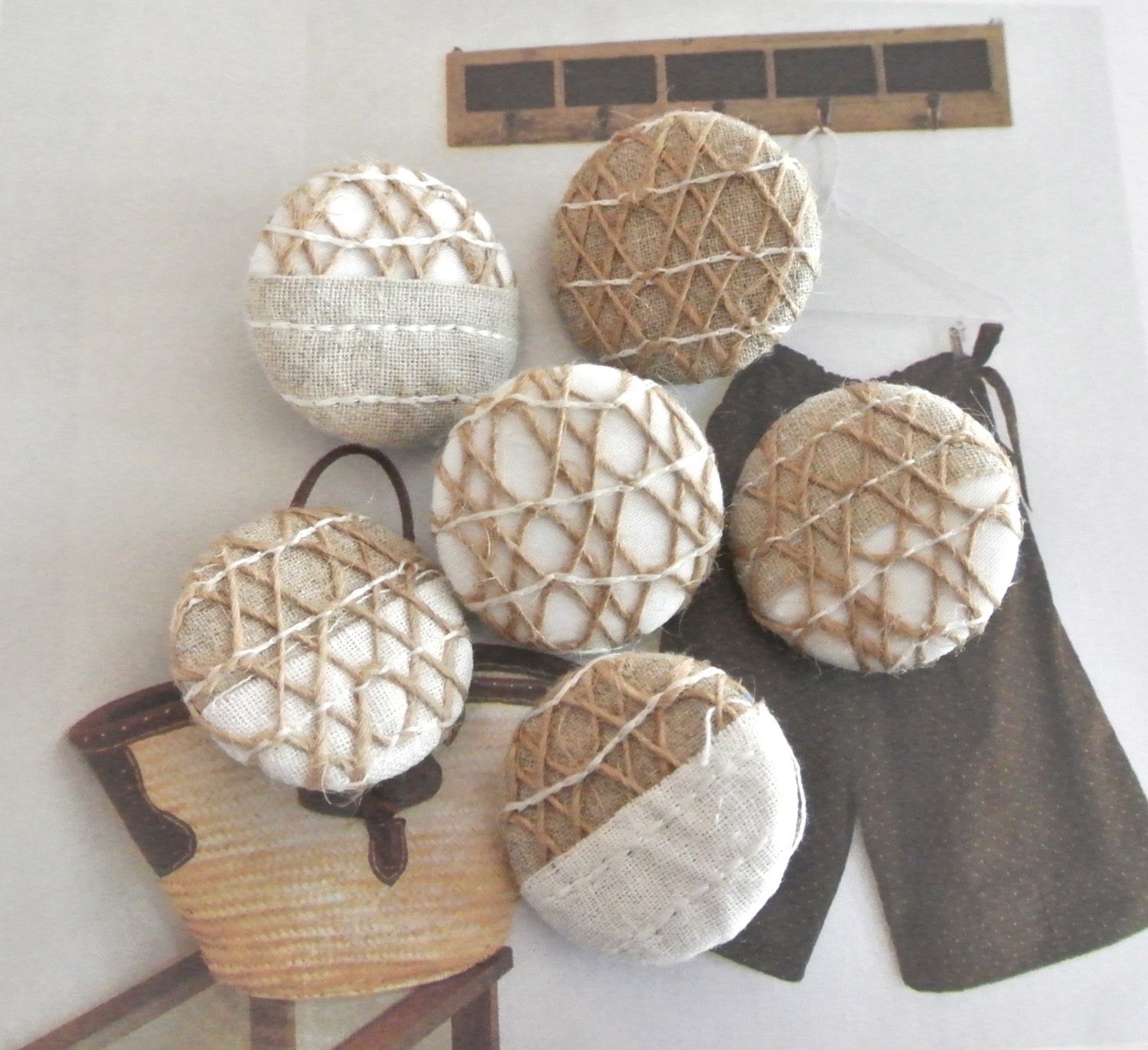 Handmade Fabric Buttons - Large Retro Beige White Hemp Country Cotton Lace Handmade Fabric Buttons 1.25 Inch 6's
