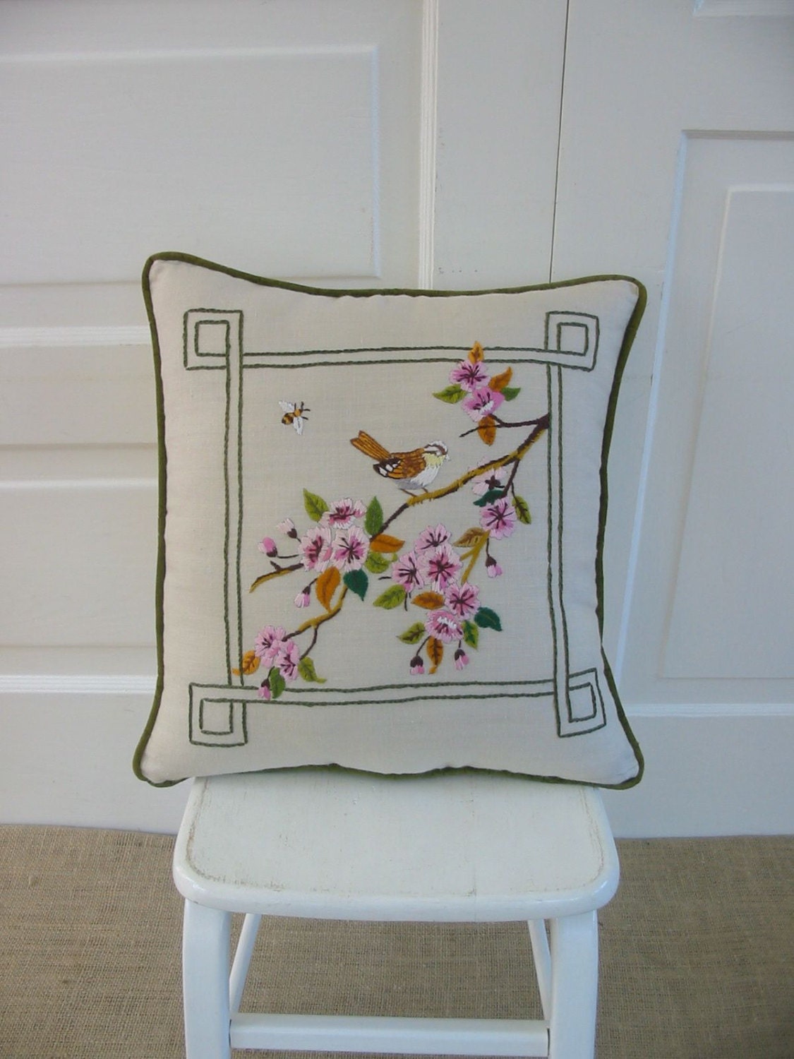 Vintage Bird Pillow Needlepoint Embroidered Flowers Branch
