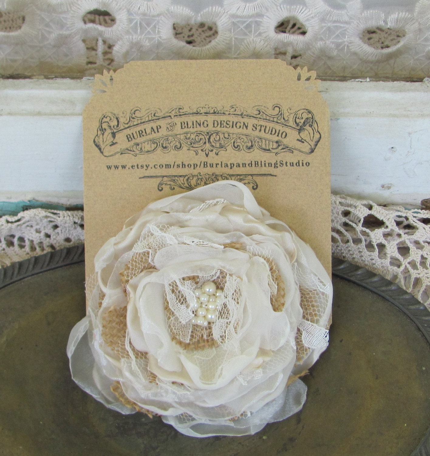 Wedding Pin Corsage Burlap and Champagne Made to order