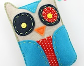 Felt Owl Stuffed Toy Softie Plush Teal Red Polka Dot Navy Woodland Nursery Gift Hand Stitched