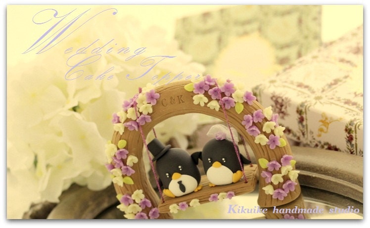Custom Wedding Cake Topper -Handmade love penguin with love flower tree and a swing