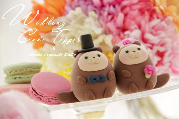 bride and groom otter ocean theme Wedding Cake Topper
