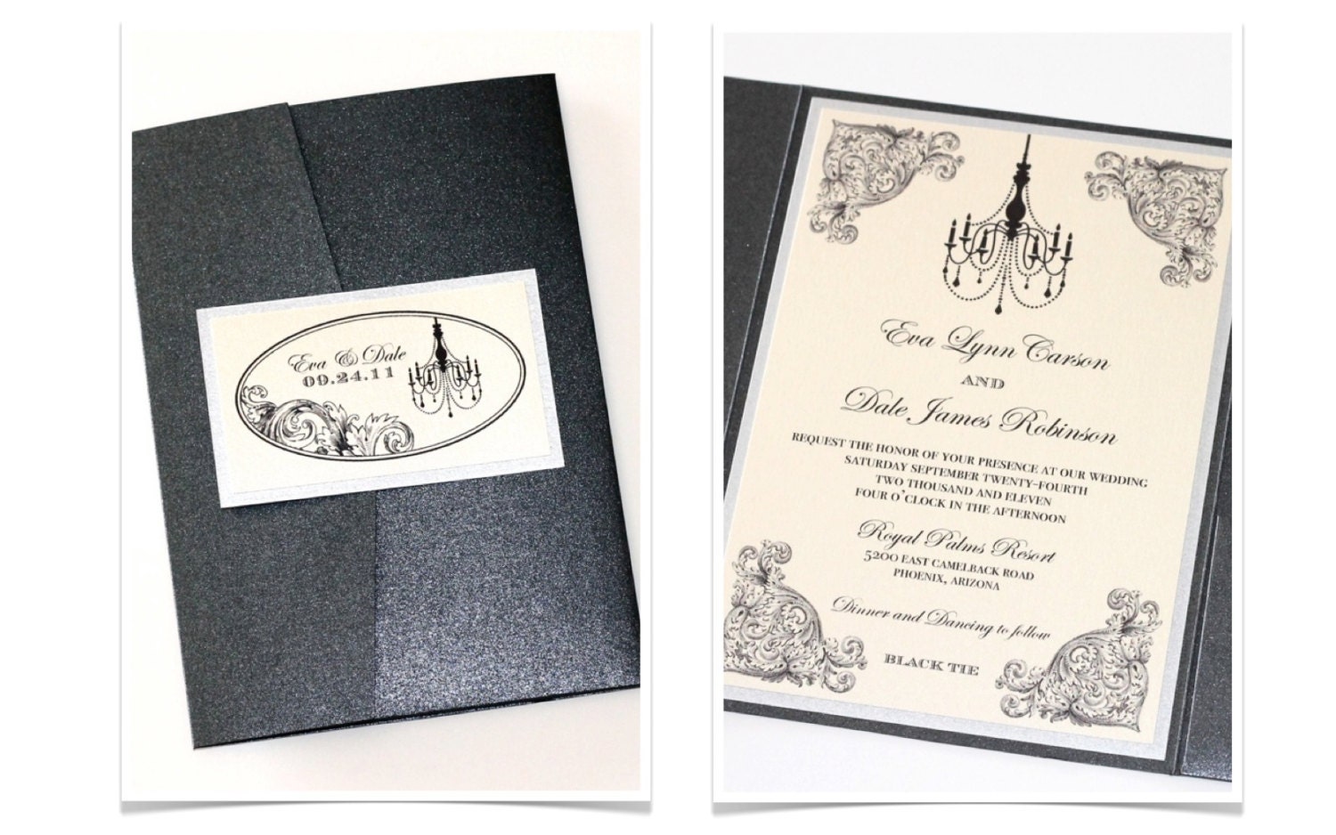 Eva Pocket fold Vintage Wedding Invitation Sample - Ivory, Black and Silver
