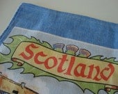 Vintage cloth tea towel, Scotland, cornflower blue and grass green, kitchen towel