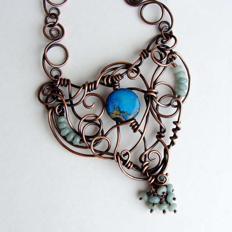 The Tangled Heart - Copper, Amazonite, AquaTerra Jasper Necklace with Earrings