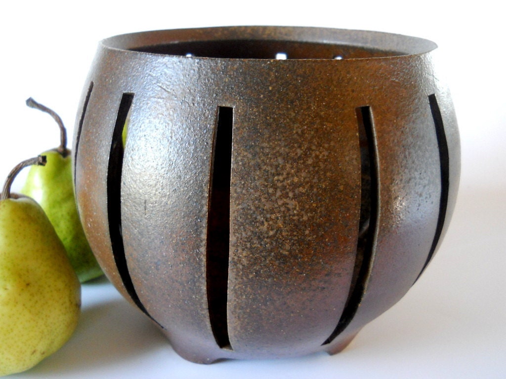 Handmade ceramic kitchen fruit basket, wood fired dark stoneware clay perforated bowl, home decor
