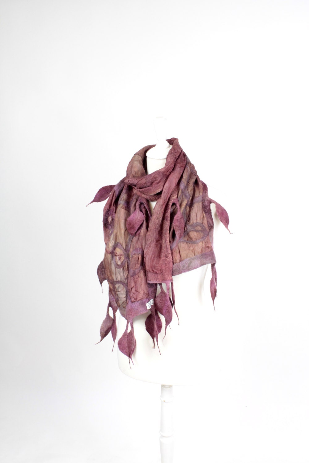 Leaf Nuno Felted Scarf Spring  burgundy plum and orange
