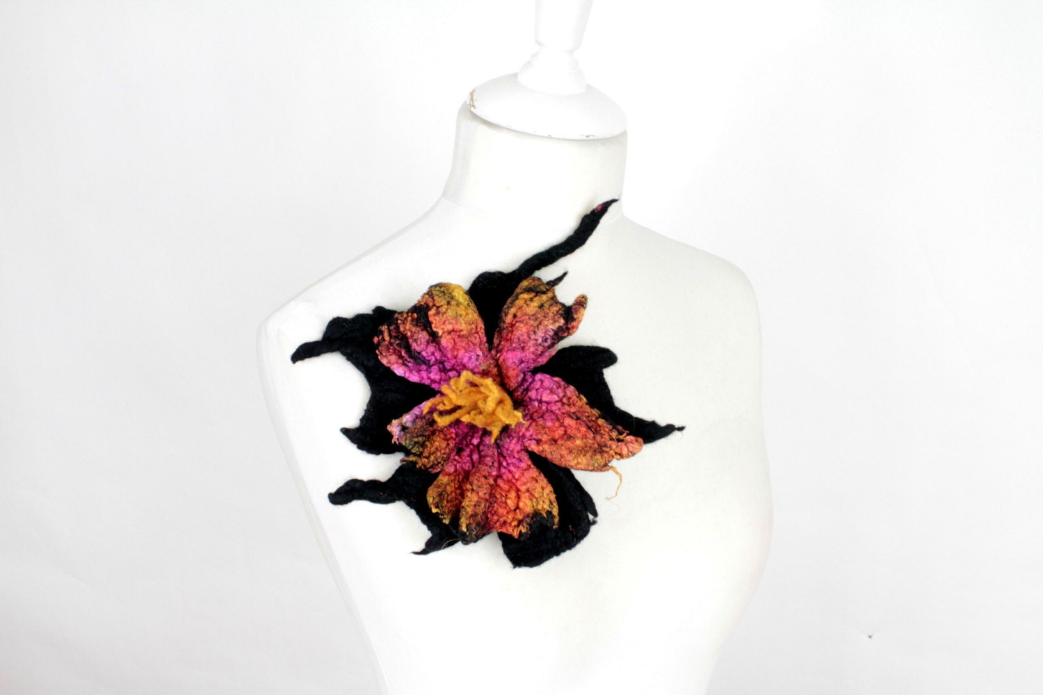 Special Felted flower brooch black pearl saturated colours marvellous orange red