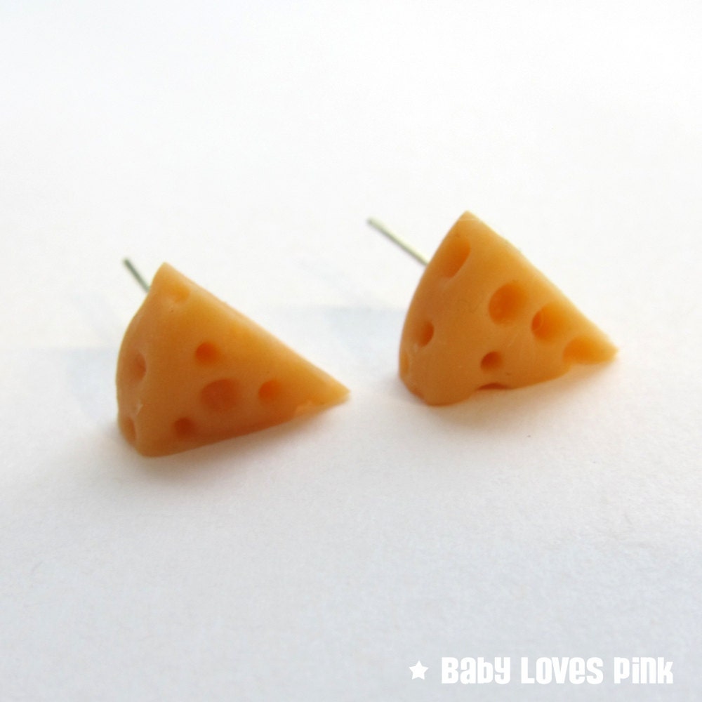 Swiss Cheese Stud Earrings - Cheese with holes handmade with polymer clay