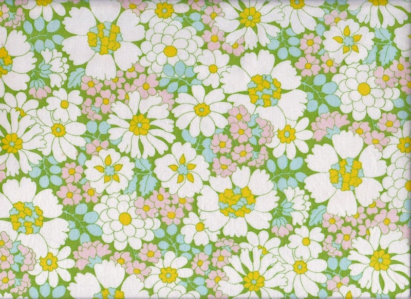1970s Blue Floral Sheet Fabric