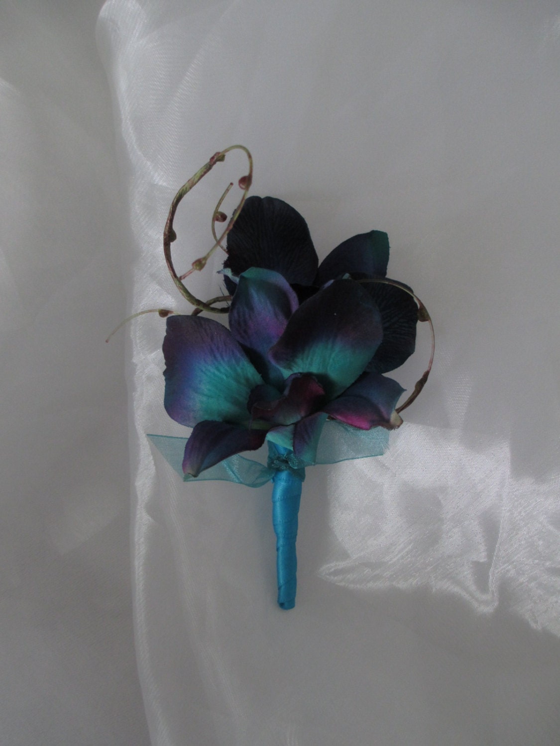 Realistic  Peacock Blue Double Dendrobium Orchid Boutonniere Beach Wedding