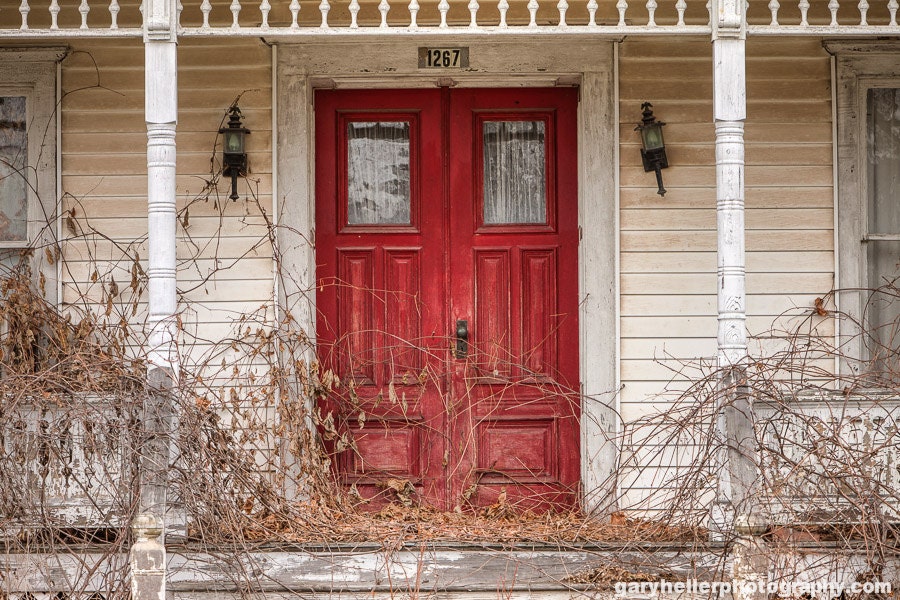 Red Doors, Creamy White Old Abandoned House Cottage Chic, Color Photograph, Original Signed Print, Porch, Vines, Forgotten, Rustic Places