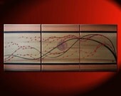 Cherry Blossom Painting Large Gold Tan Brown Tree with Red Cherry Blossoms Triptych Branch Art 48x20 Ready to Ship