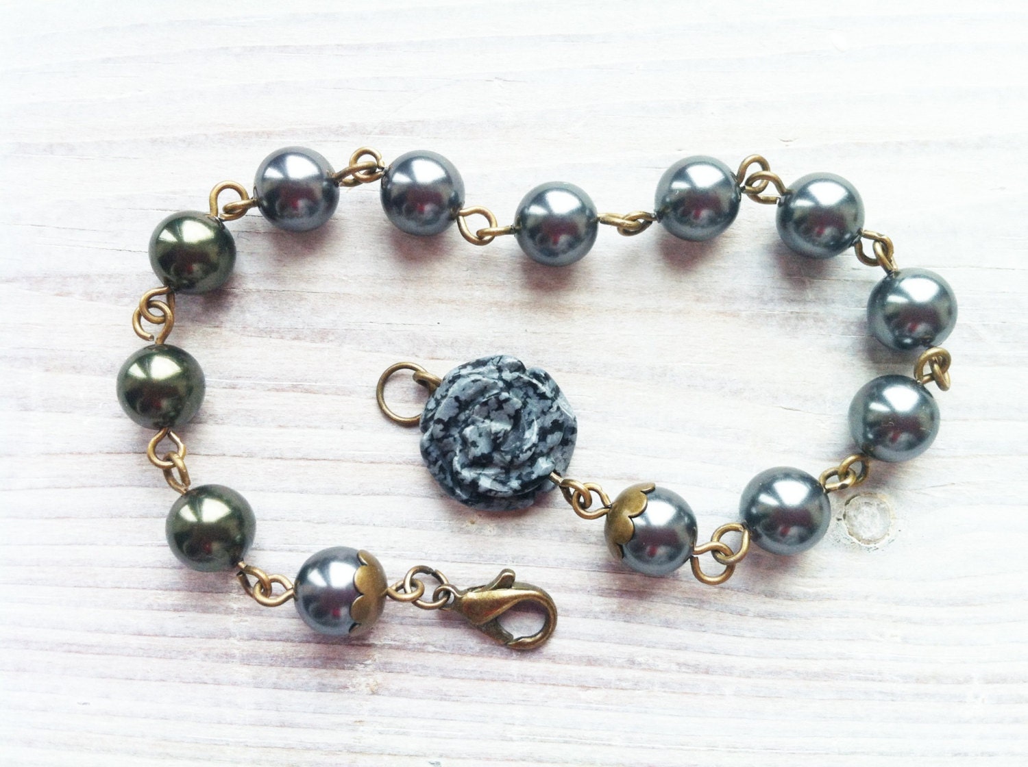 Marie Pearl Bracelet in Dark Grey and Brass