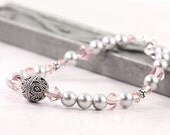 Pink Rose Wedding Bracelet Swarovski Pastel Crystal Smoke Gray Pearl Sterling Mauve Bridal Jewelry