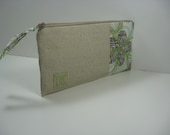 Personalized, Initialed  zipper pouch, iphone wallet, Made To Order - Wild Flowers in Green